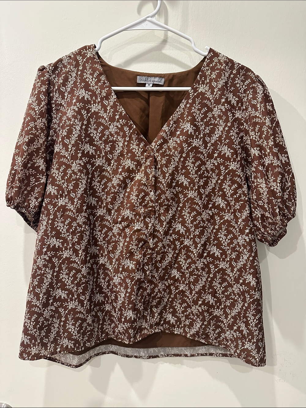 Brown Floral V-Neck Puff Sleeve Blouse